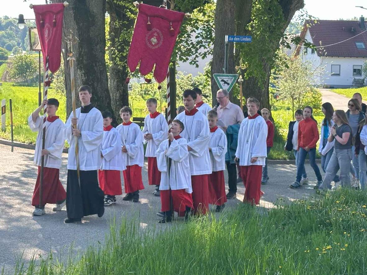 11 Ministranten (ohne :innen) empfangen die Wallfahrer am Dorfeingang. Die Fernsteuerung für die Glocken haben sie dabei.